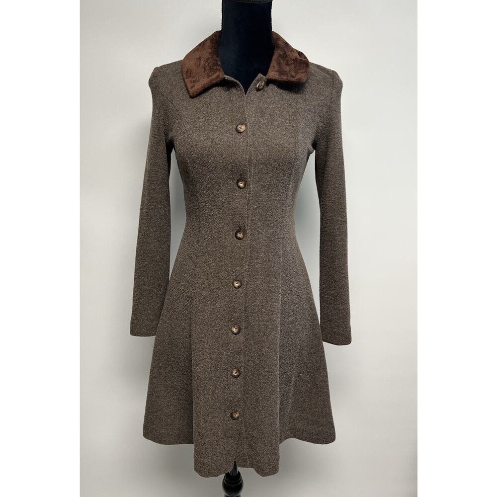 VTG Japanese Designer Hiromi Yoshida Knit Pea Coat A-line Faux Fur Trim Small